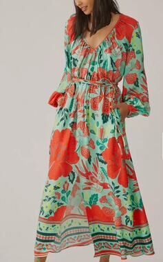 Farm Rio Anthropologie Green Patterned Poppy Print Maxi Dress Size S Petite